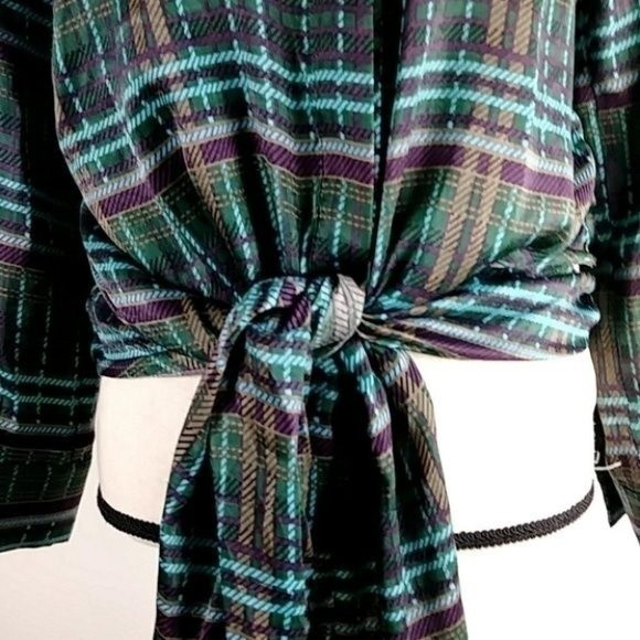 JOA Green Satin Plaid Tie Front Silky Long Sleeve Top - Picture 13 of 14
